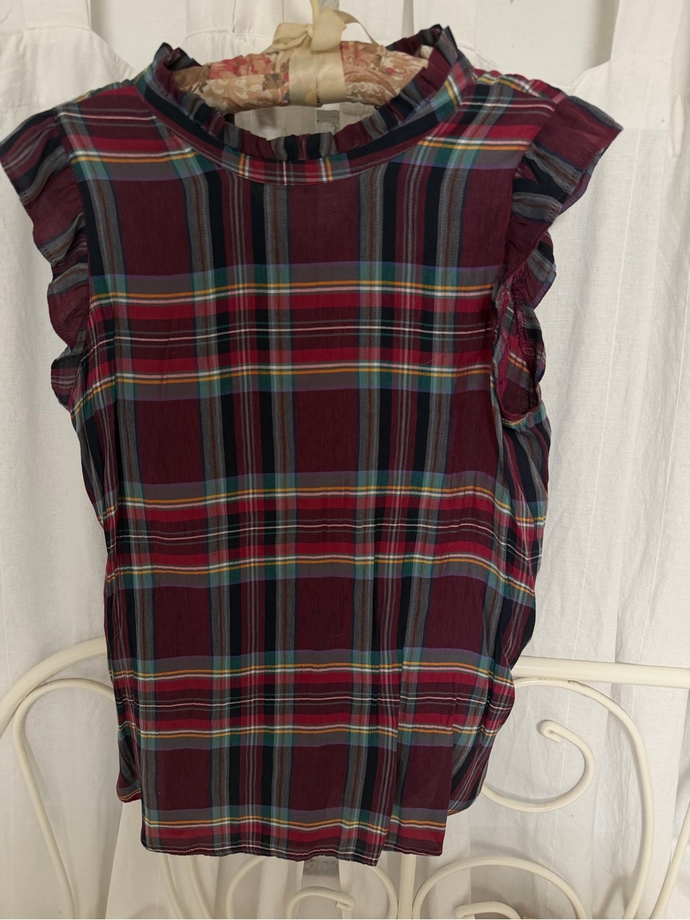 LOFT Burgundy Plaid Ruffle Sleeve Top
